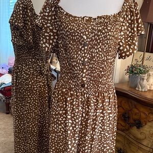 Oddly Brown & Cream Smocked Faux Button Front Jumpsuit - Size XL